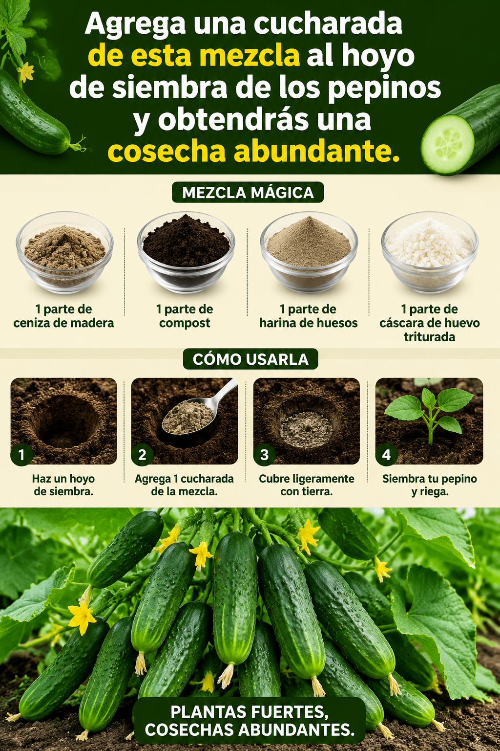 Agrega una cucharada de esta mezcla al hoyo de siembra de los pepinos y obtendrás una cosecha abundante.