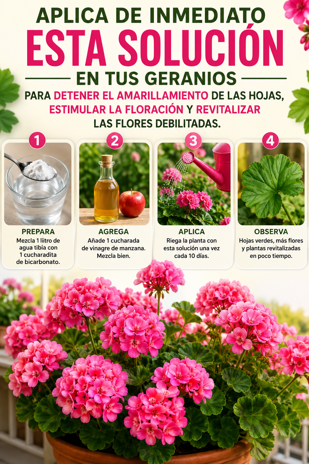 Aplica de inmediato esta solución en tus geranios para detener el amarillamiento de las hojas, estimular la floración y revitalizar las flores debilitadas.