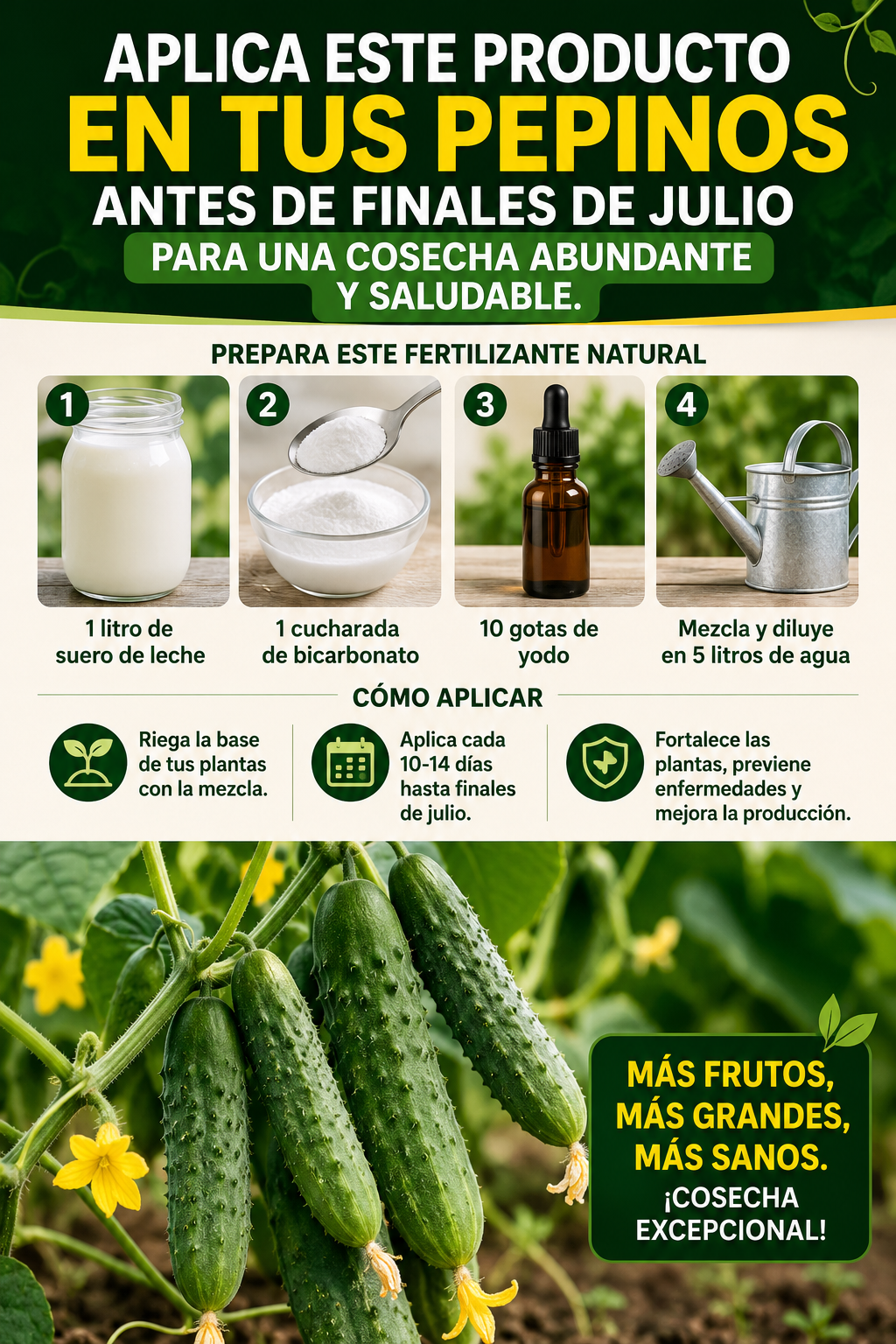 Aplica este producto en tus pepinos antes de finales de julio para una cosecha abundante y saludable.