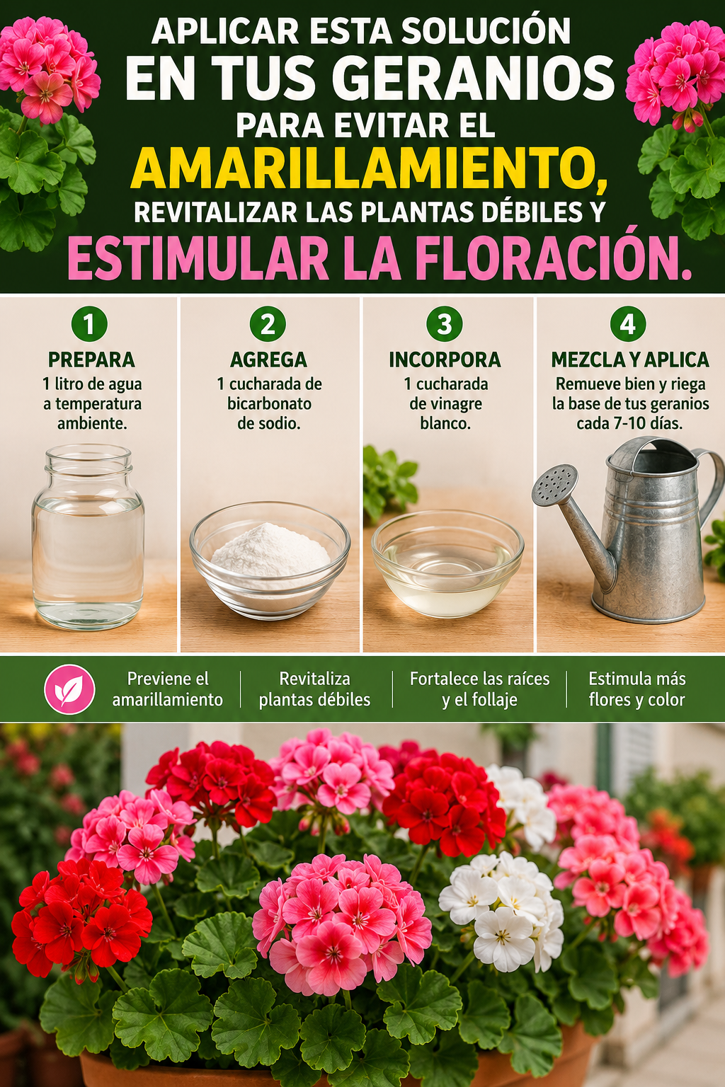 Aplicar esta solución en tus geranios para evitar el amarillamiento, revitalizar las plantas débiles y estimular la floración.