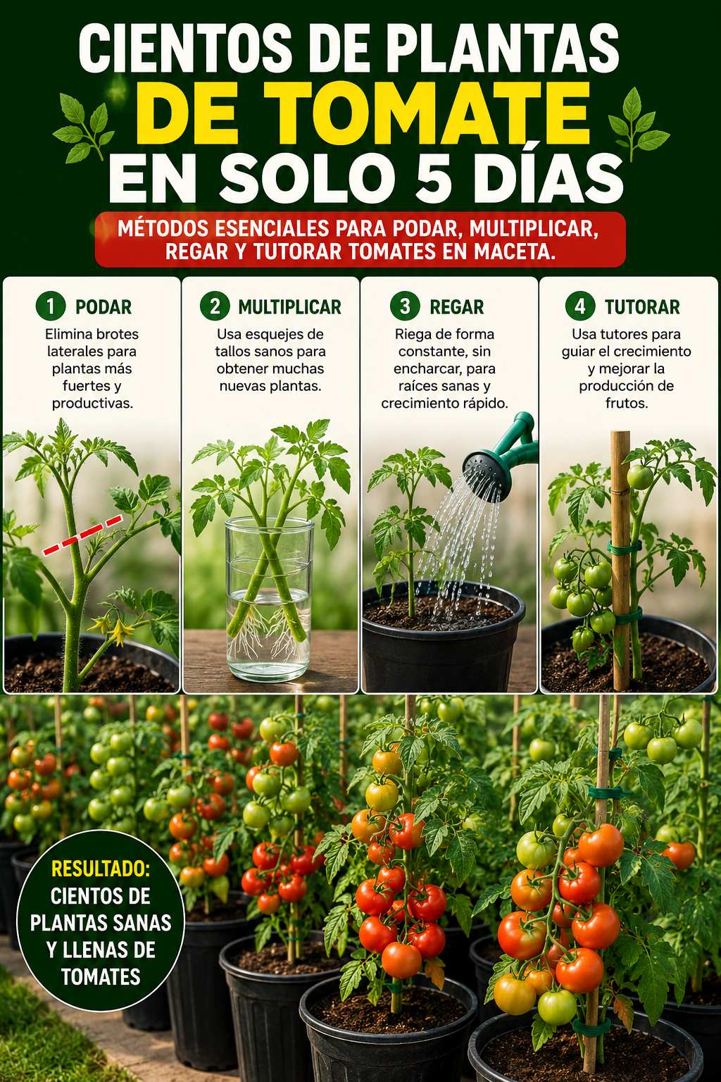 Cientos de plantas de tomate en solo 5 días: métodos esenciales para podar, multiplicar, regar y tutorar tomates en maceta.