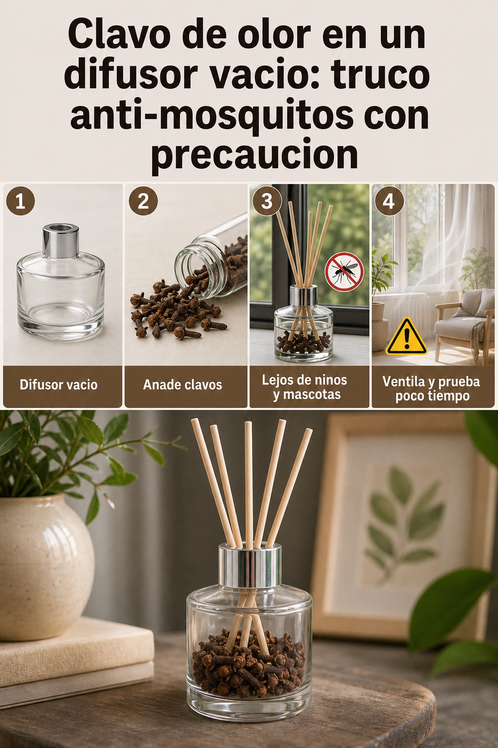 Clavo de olor en un difusor vacío: un truco anti-mosquitos para usar con precaución