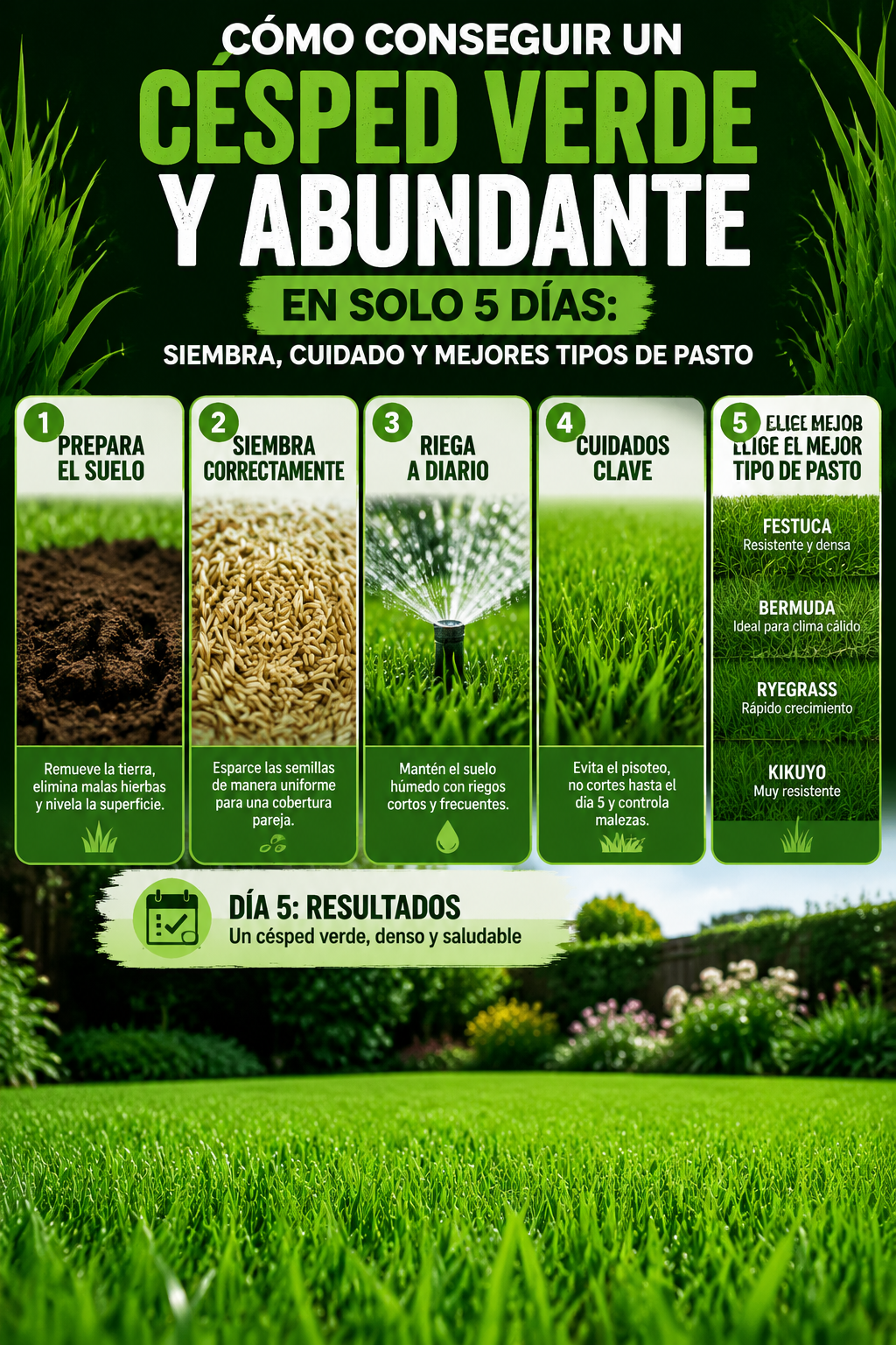 Cómo conseguir un césped verde y abundante en solo 5 días: siembra, cuidado y mejores tipos de pasto