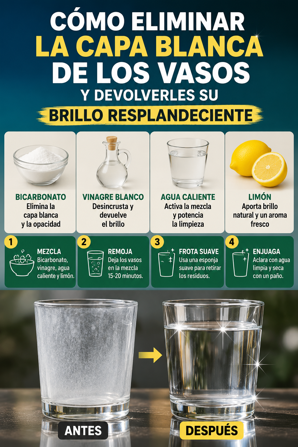 Cómo eliminar la capa blanca de los vasos y devolverles su brillo resplandeciente