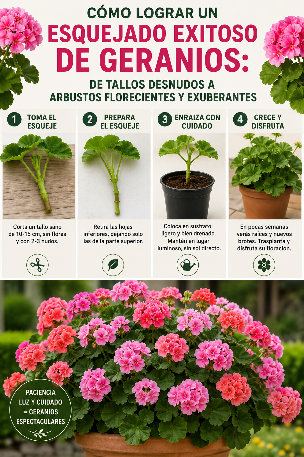 Cómo lograr un esquejado exitoso de geranios: de tallos desnudos a arbustos florecientes y exuberantes