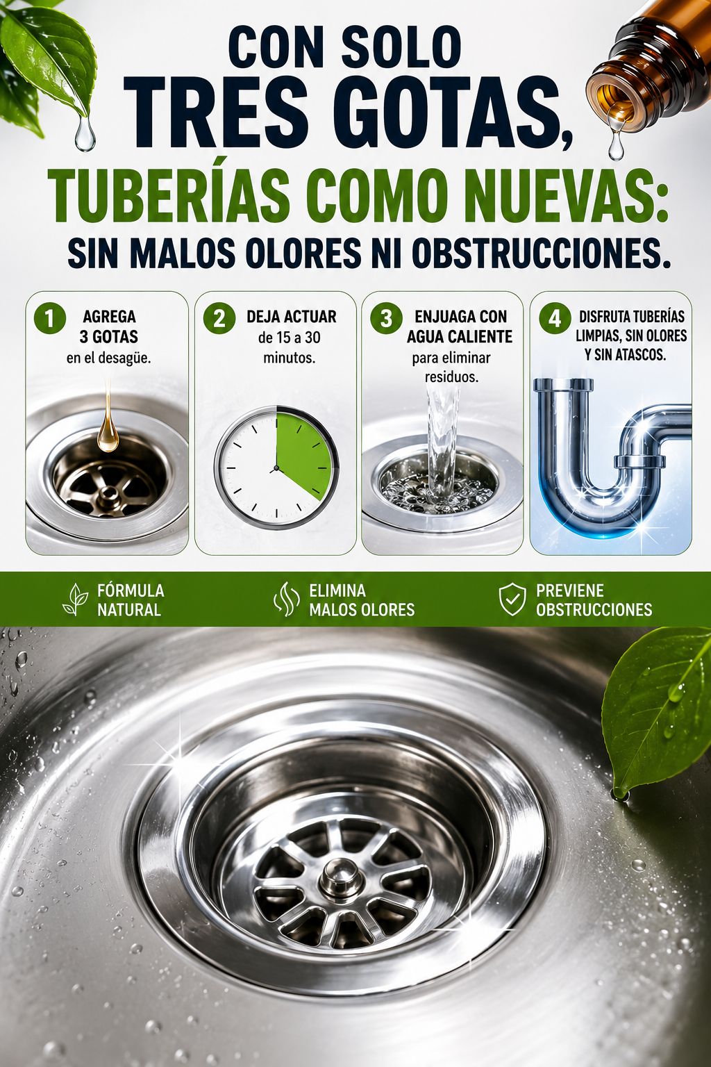 Con solo tres gotas, tuberías como nuevas: sin malos olores ni obstrucciones.