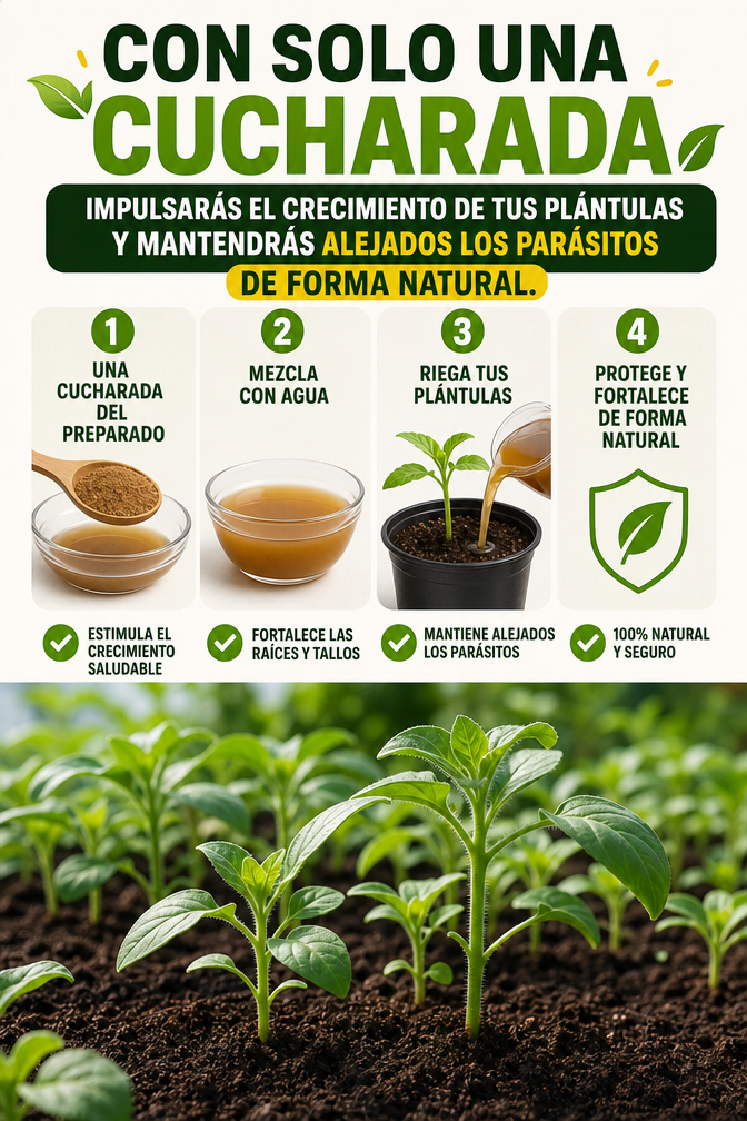 Con solo una cucharada impulsarás el crecimiento de tus plántulas y mantendrás alejados los parásitos de forma natural.