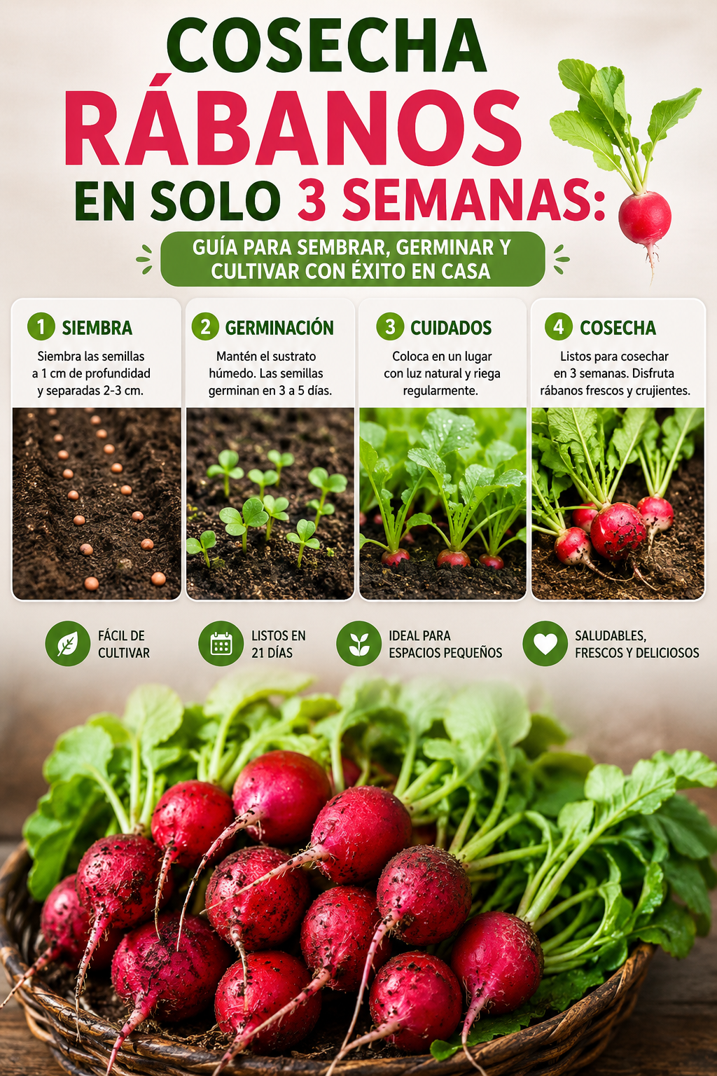 Cosecha rábanos en solo 3 semanas: guía para sembrar, germinar y cultivar con éxito en casa