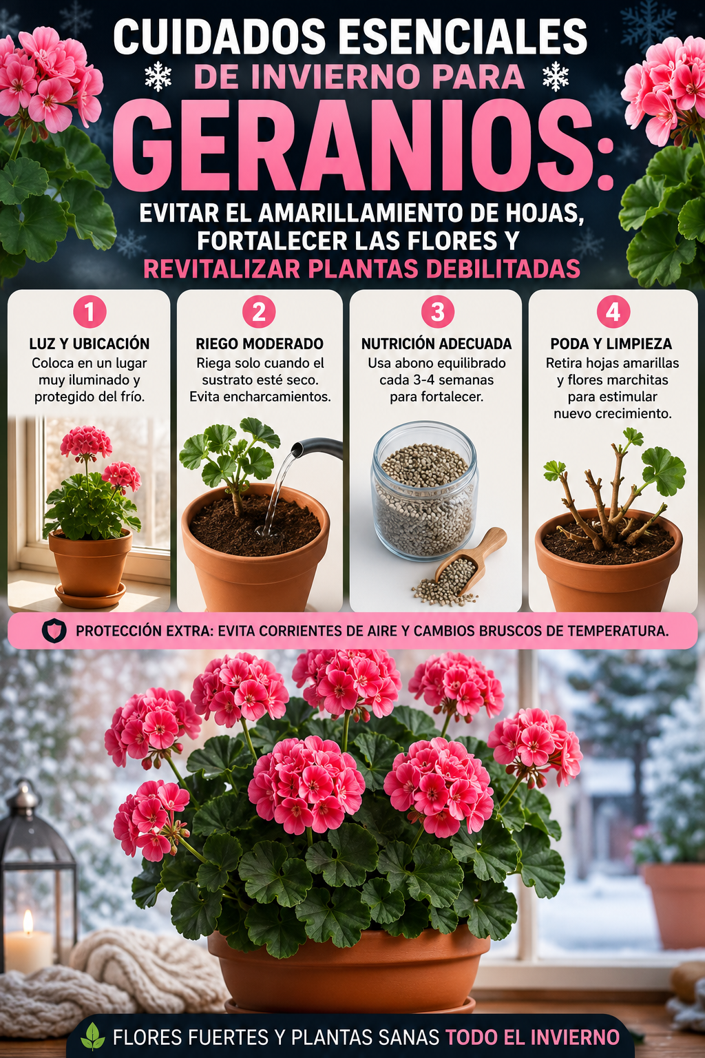 Cuidados esenciales de invierno para geranios: evitar el amarillamiento de hojas, fortalecer las flores y revitalizar plantas debilitadas
