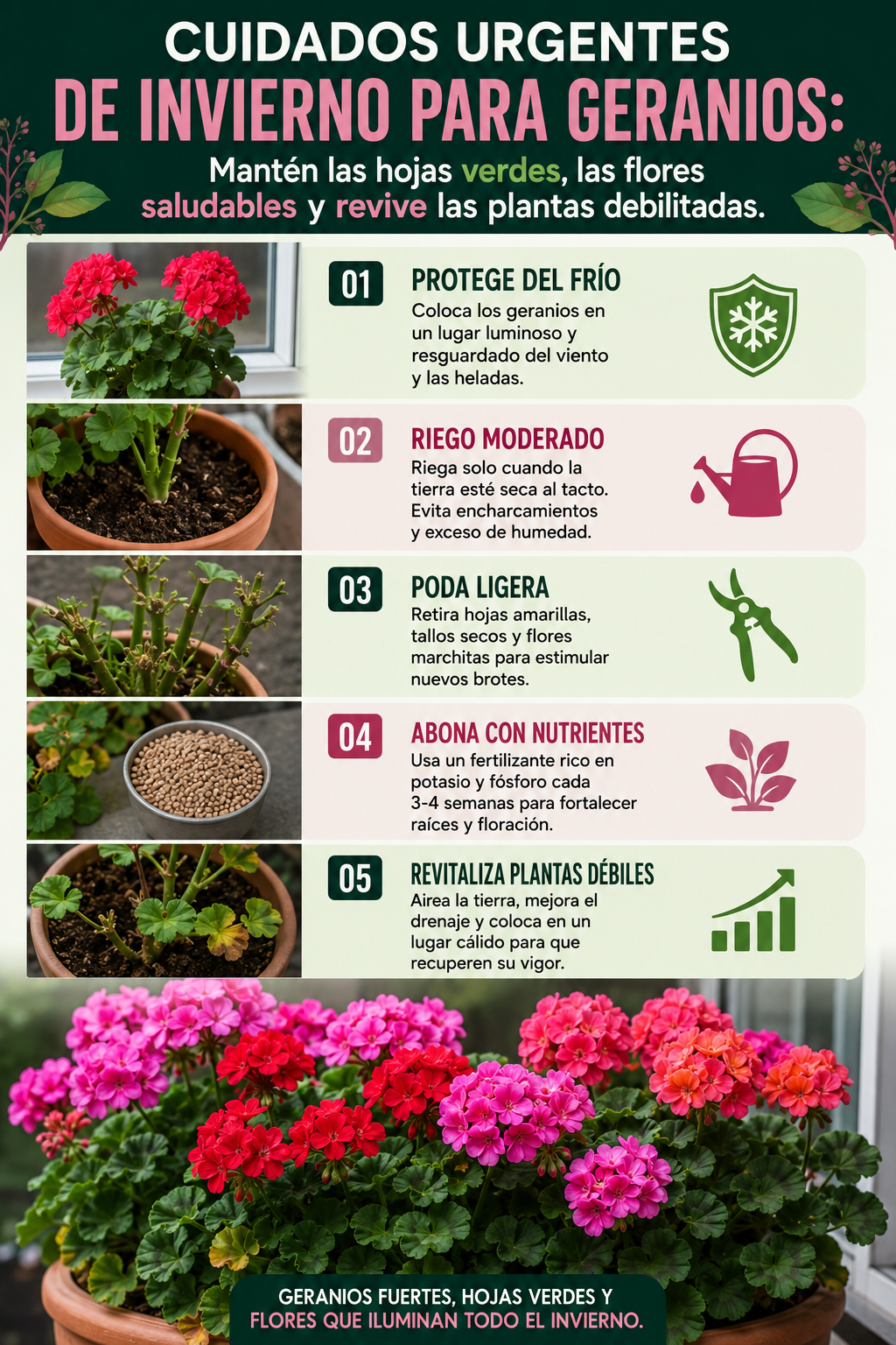 Cuidados urgentes de invierno para geranios: Mantén las hojas verdes, las flores saludables y revive las plantas debilitadas