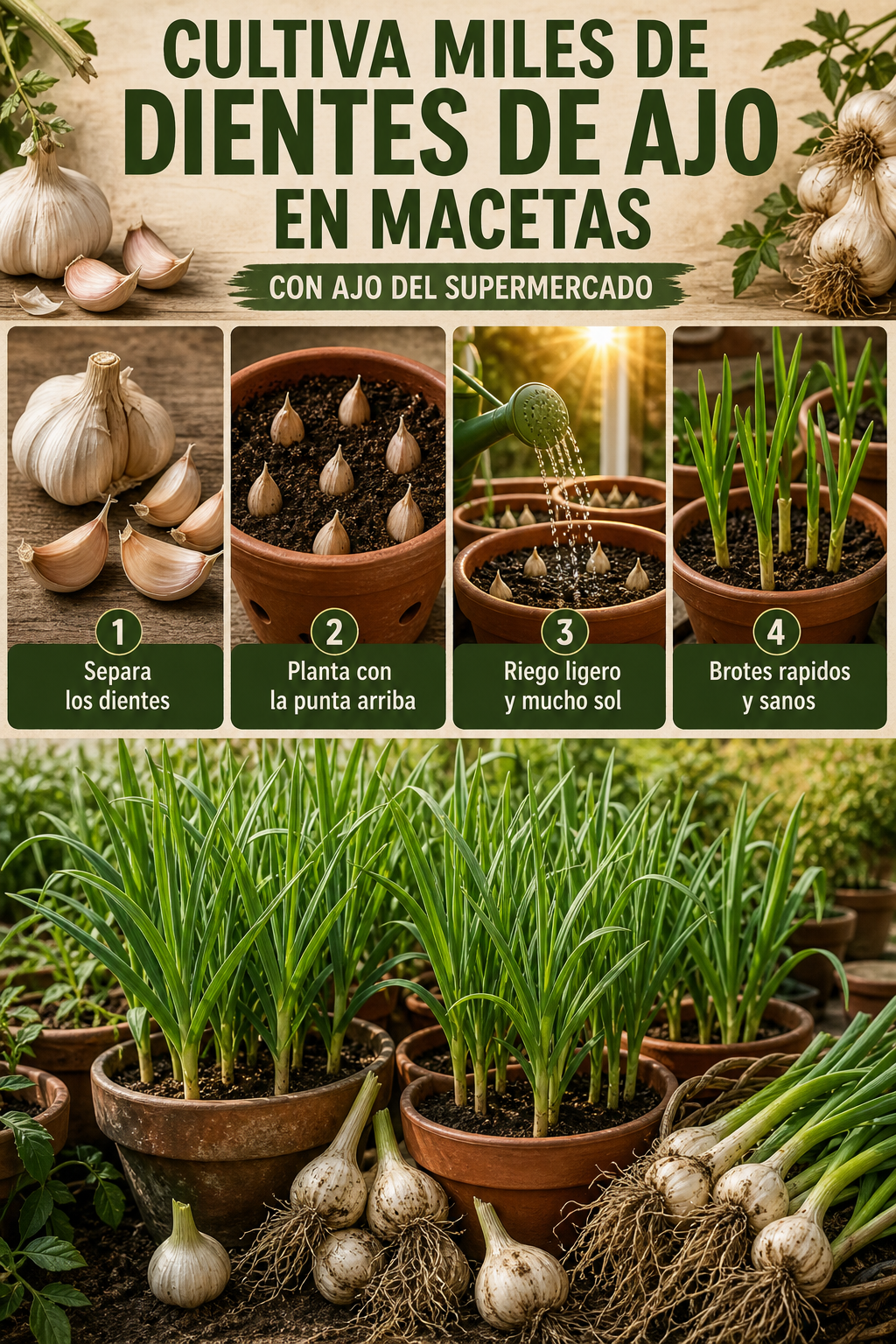 Cultiva miles de dientes de ajo a partir de ajo comprado en tienda en macetas