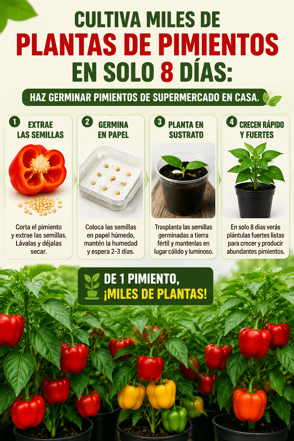 Cultiva miles de plantas de pimientos en solo 8 días: haz germinar pimientos de supermercado en casa.
