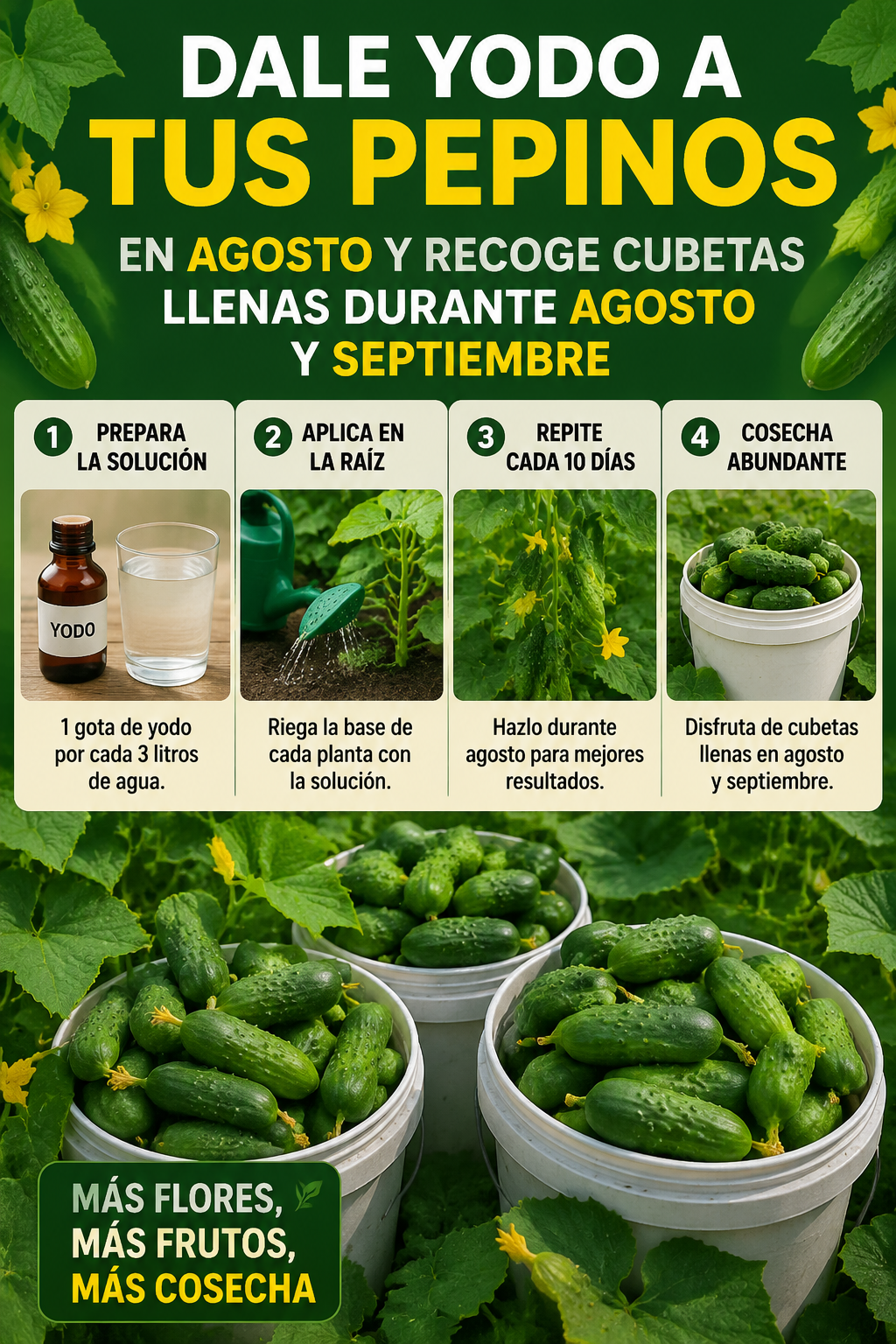 Dale yodo a tus pepinos en agosto y recoge cubetas llenas durante agosto y septiembre
