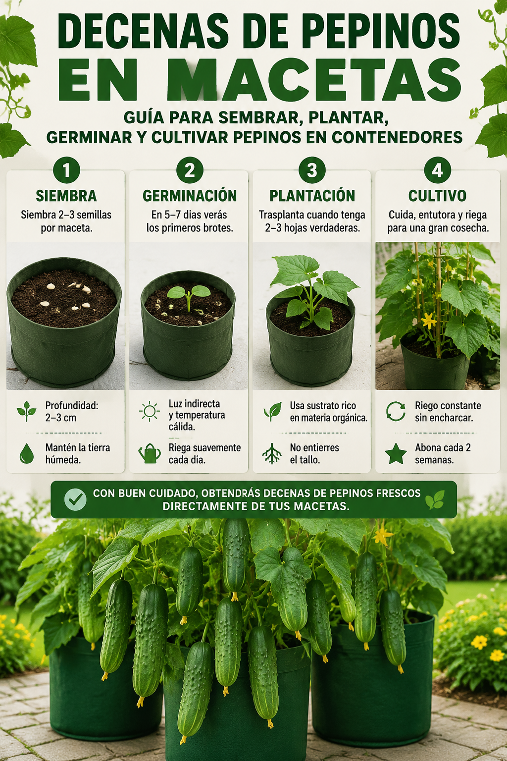 Decenas de pepinos en macetas: guía para sembrar, plantar, germinar y cultivar pepinos en contenedores