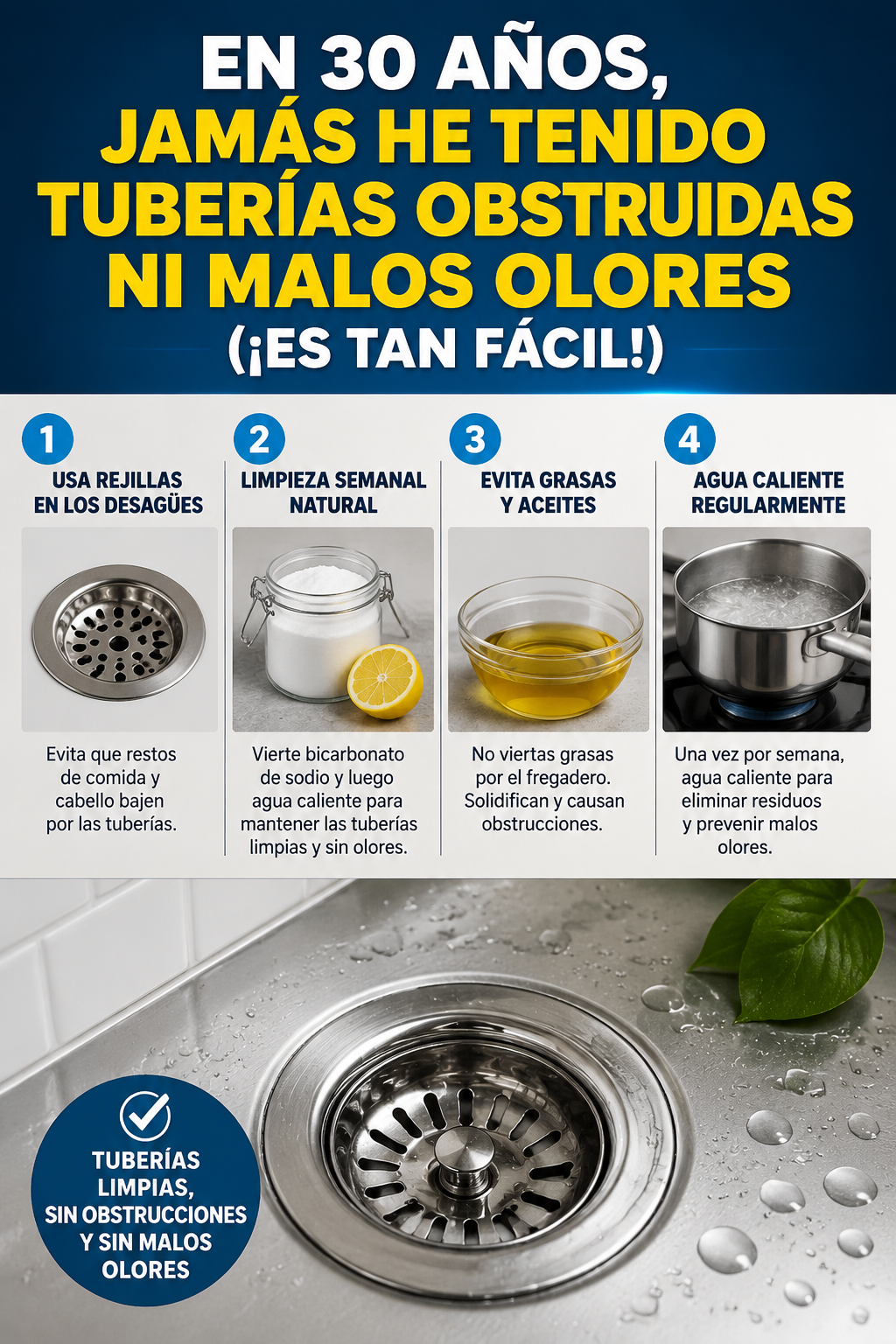 En 30 años, jamás he tenido tuberías obstruidas ni malos olores (¡Es tan fácil!)