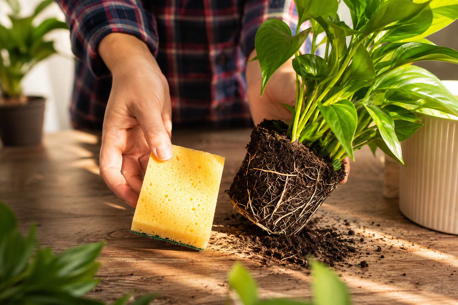 En primavera, vuelvo a plantar flores usando esponjas