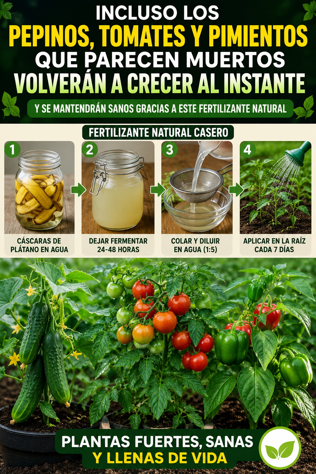 Incluso los pepinos, tomates y pimientos que parecen muertos volverán a crecer al instante y se mantendrán sanos gracias a este fertilizante natural.