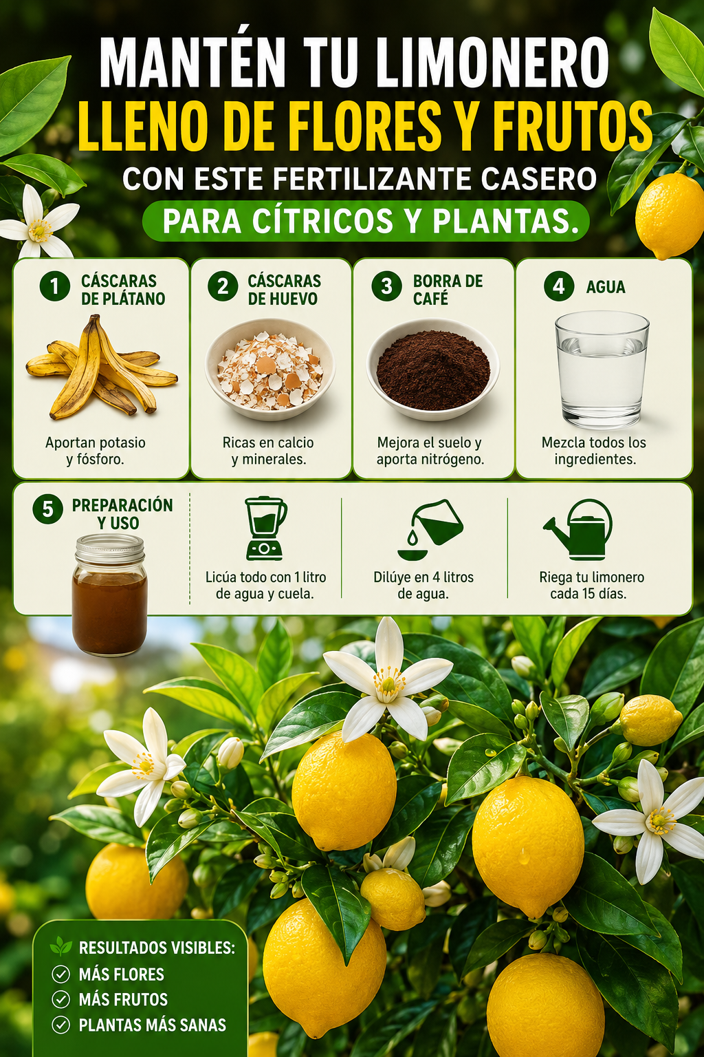 Mantén tu limonero lleno de flores y frutos con este fertilizante casero para cítricos y plantas.