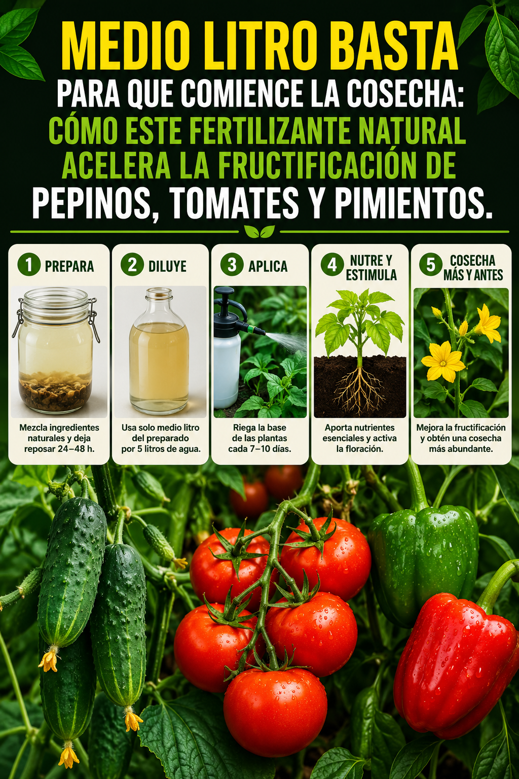 Medio litro basta para que comience la cosecha: cómo este fertilizante natural acelera la fructificación de pepinos, tomates y pimientos.