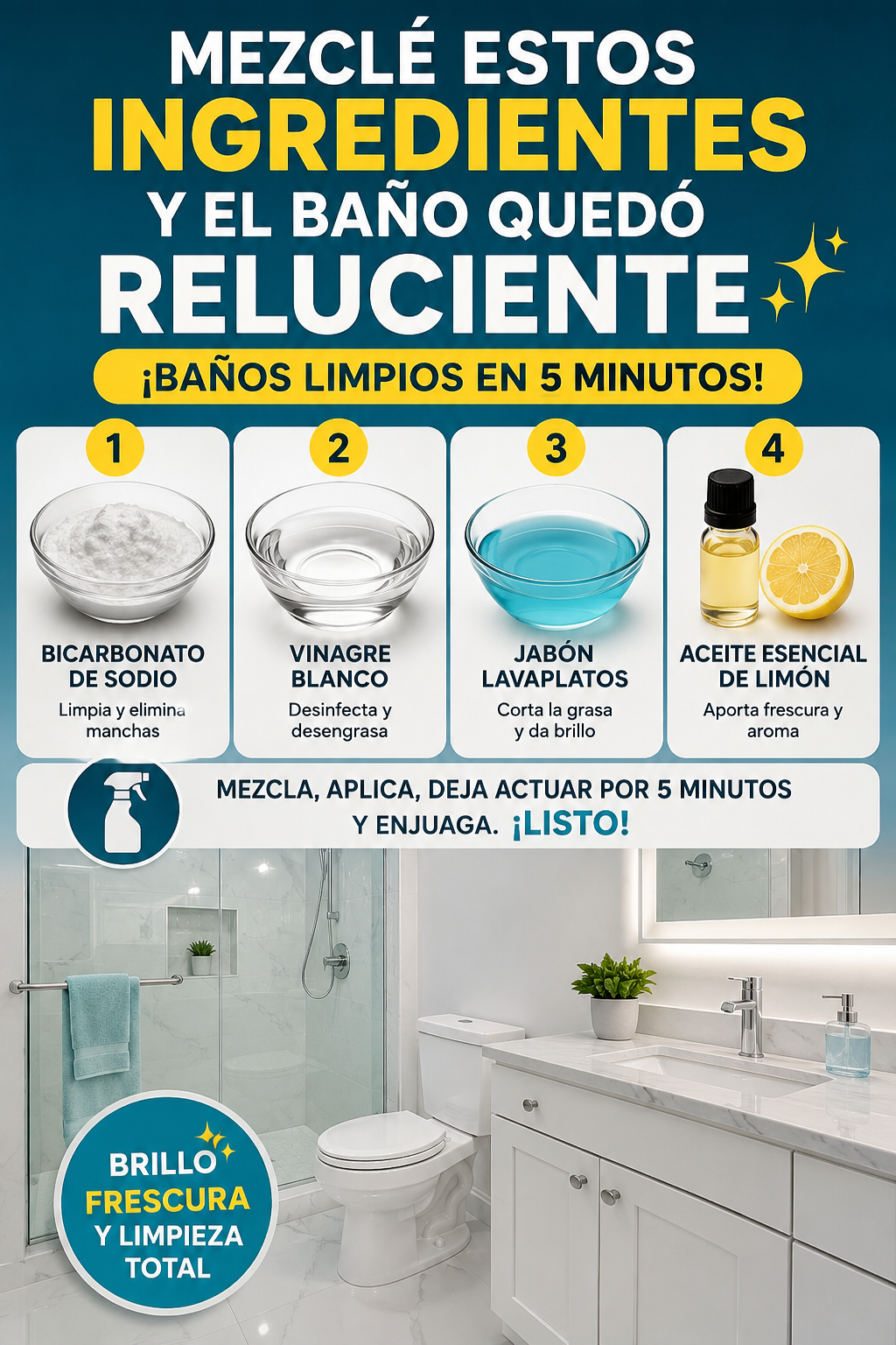 Mezclé estos ingredientes y el baño quedó reluciente ✨ ¡Baños limpios en 5 minutos!