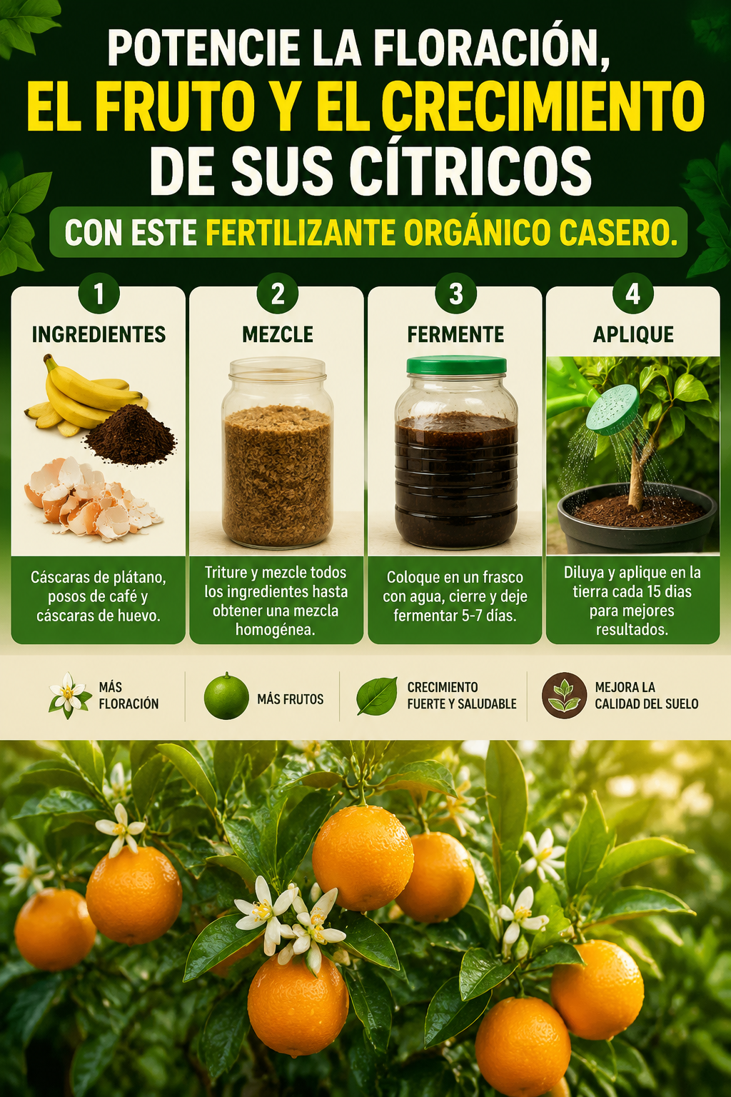 Potencie la floración, el fruto y el crecimiento de sus cítricos con este fertilizante orgánico casero.