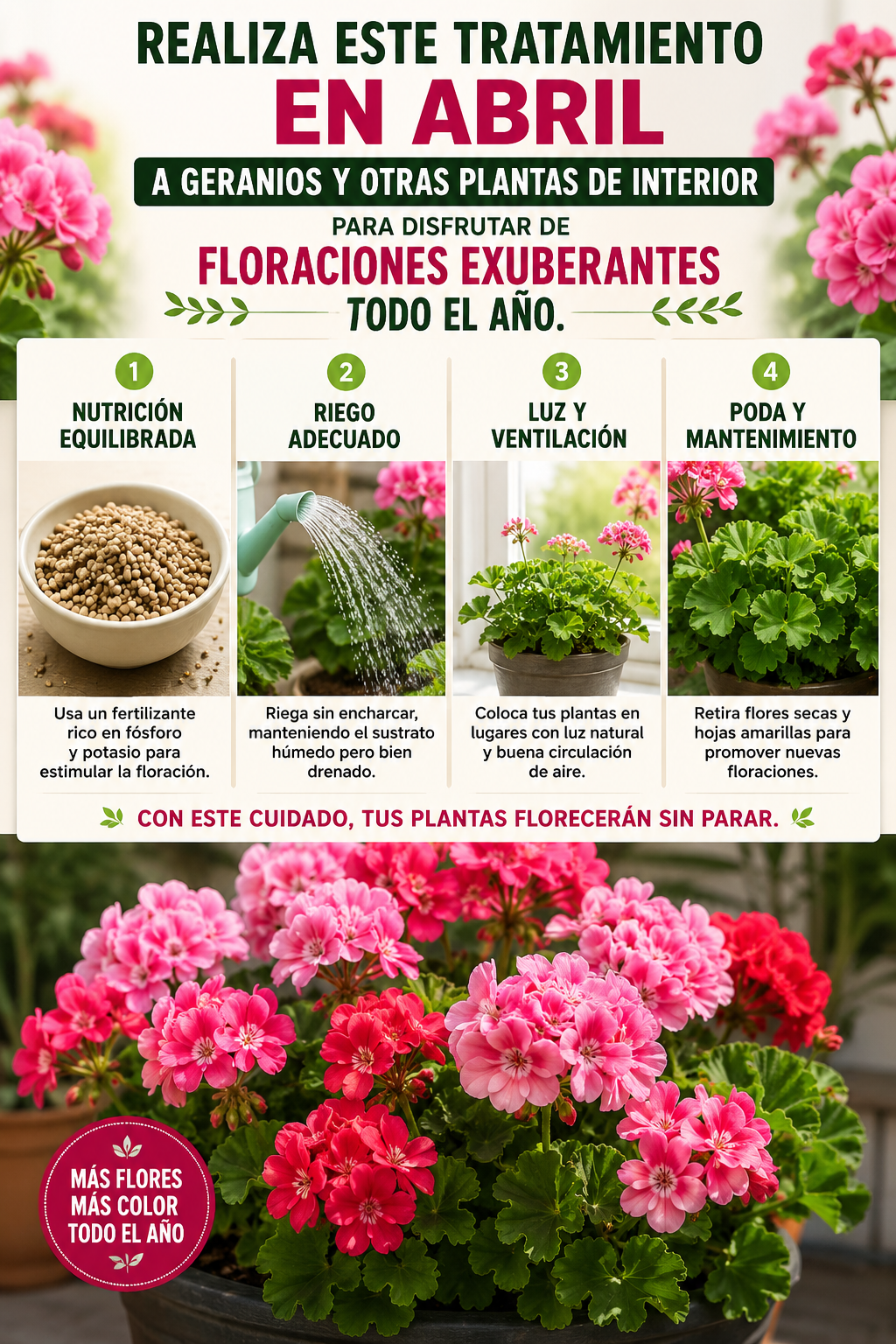 Realiza este tratamiento en abril a geranios y otras plantas de interior para disfrutar de floraciones exuberantes todo el año.