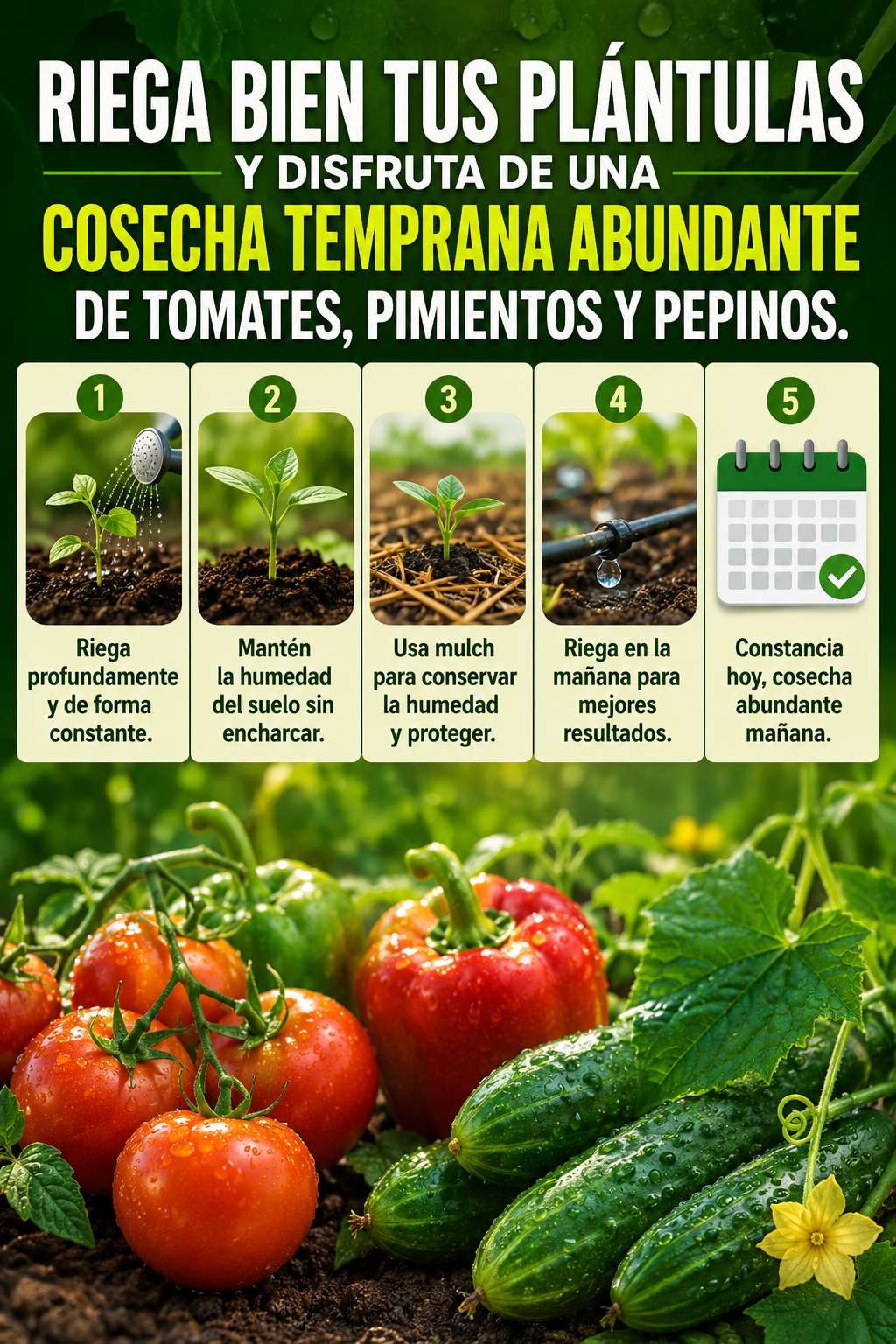 Riega bien tus plántulas y disfruta de una cosecha temprana abundante de tomates, pimientos y pepinos.