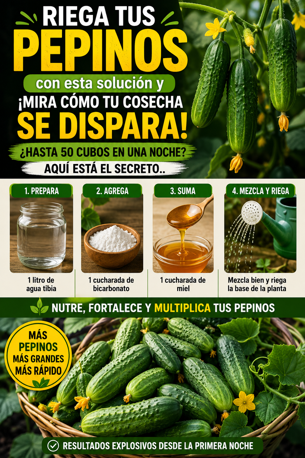 Riega tus pepinos con esta solución y ¡mira cómo tu cosecha se dispara! ¿Hasta 50 cubos en una noche? Aquí está el secreto.