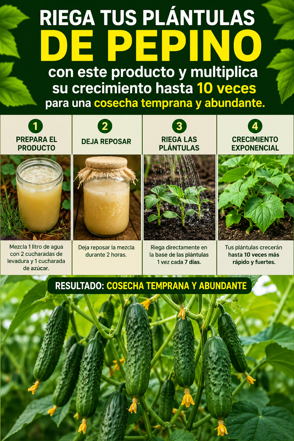 Riega tus plántulas de pepino con este producto y multiplica su crecimiento hasta 10 veces para una cosecha temprana y abundante.