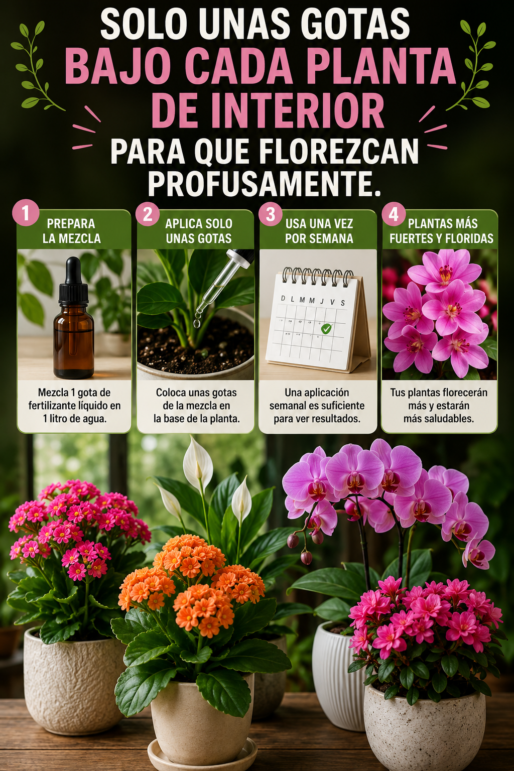Solo unas gotas bajo cada planta de interior para que florezcan profusamente.