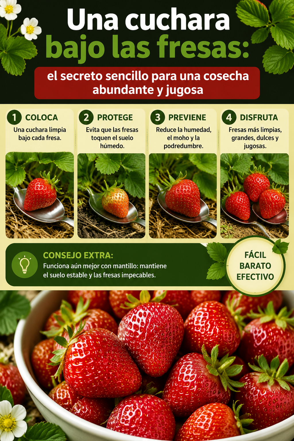 Una cuchara bajo las fresas: el secreto sencillo para una cosecha abundante y jugosa