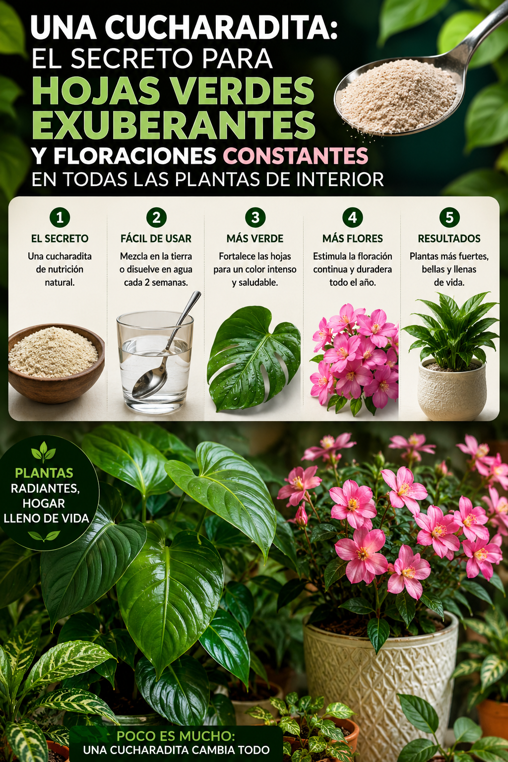 Una cucharadita: el secreto para hojas verdes exuberantes y floraciones constantes en todas las plantas de interior