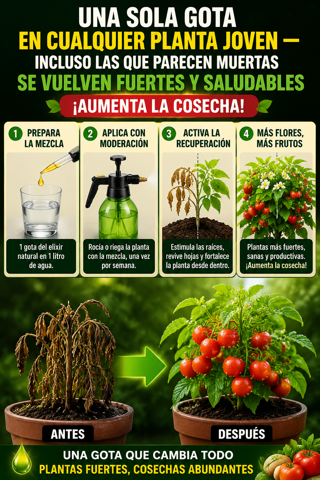 Una sola gota en cualquier planta joven — incluso las que parecen muertas se vuelven fuertes y saludables ¡Aumenta la cosecha!