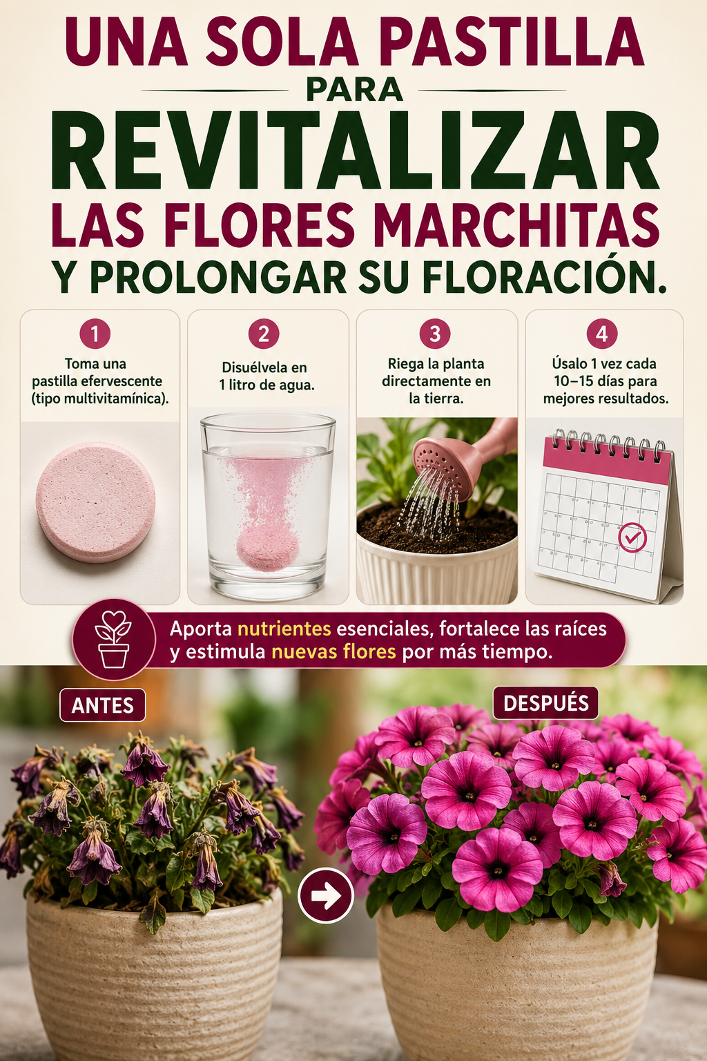 Una sola pastilla para revitalizar las flores marchitas y prolongar su floración.