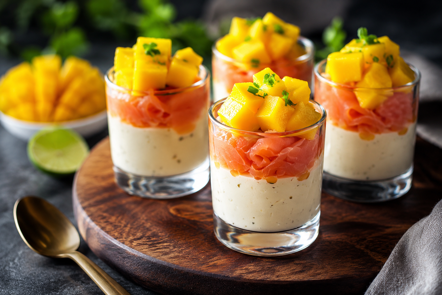 Vasitos de salmón, mango y crema con toque de limón