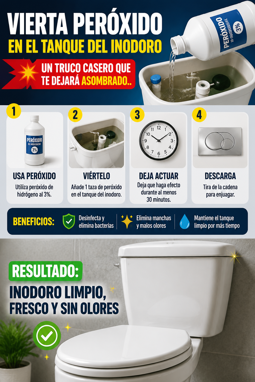 Vierta peróxido en el tanque del inodoro 💥 Un truco casero que te dejará asombrado.