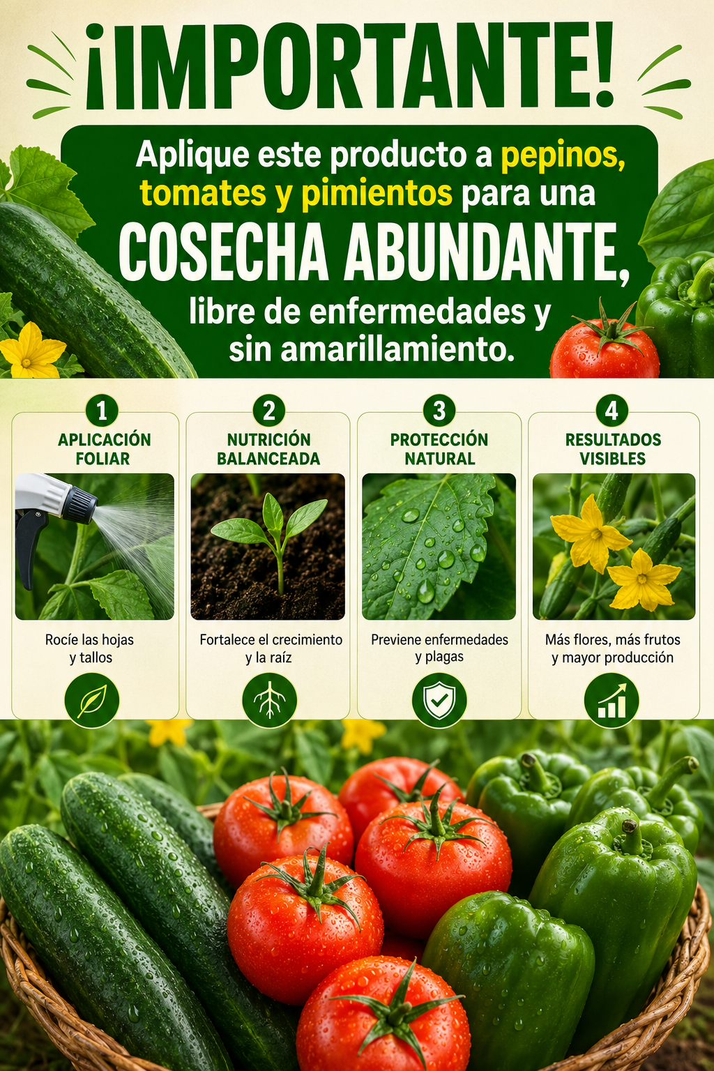¡IMPORTANTE! Aplique este producto a pepinos, tomates y pimientos para una cosecha abundante, libre de enfermedades y sin amarillamiento.