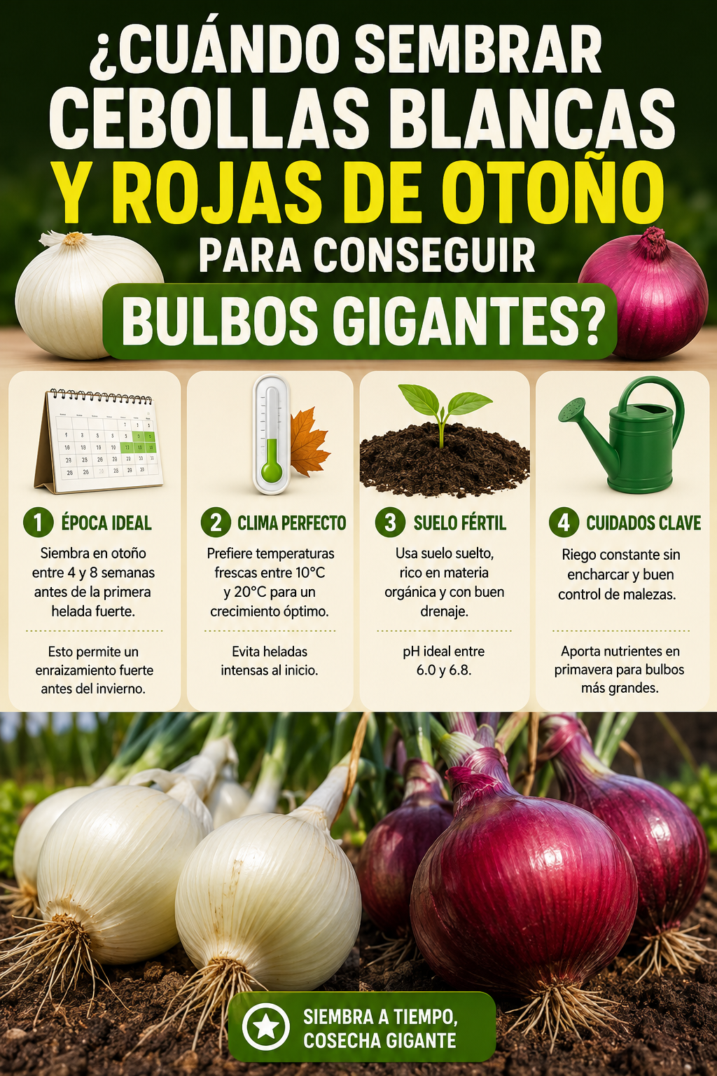 ¿Cuándo sembrar cebollas blancas y rojas de otoño para conseguir bulbos gigantes?
