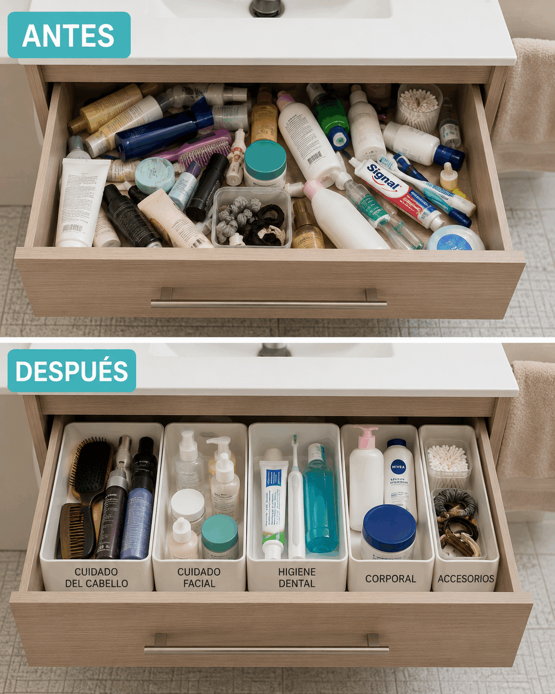 Cómo organizar los cajones del baño para separar los productos de uso diario