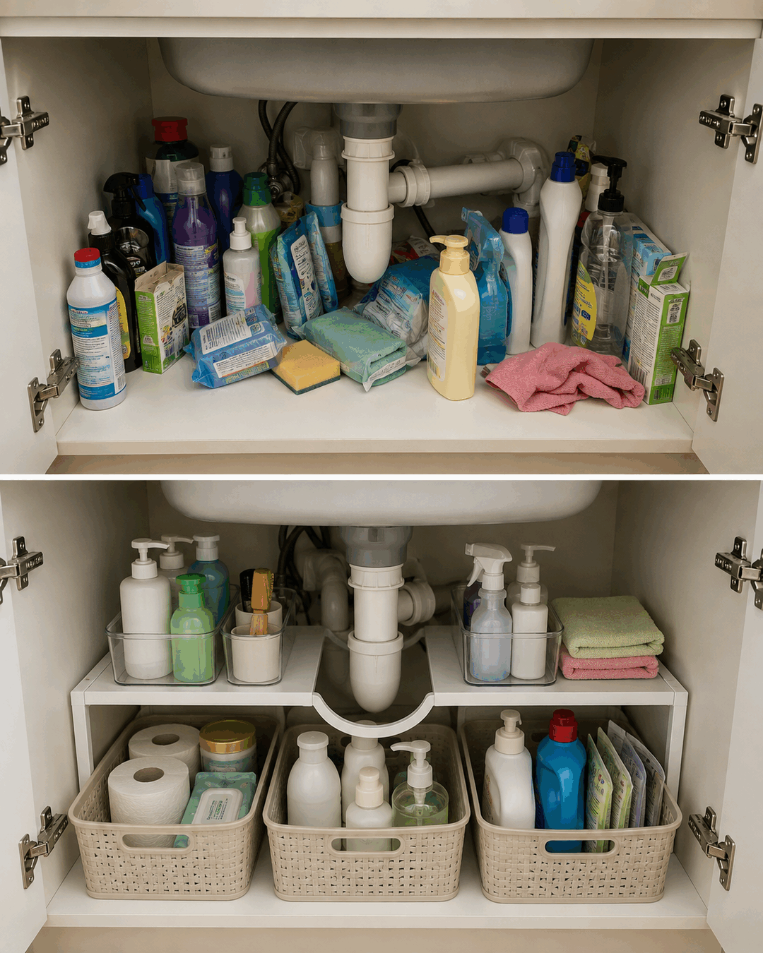 Cómo organizar los productos debajo del lavabo sin perder espacio alrededor de las tuberías