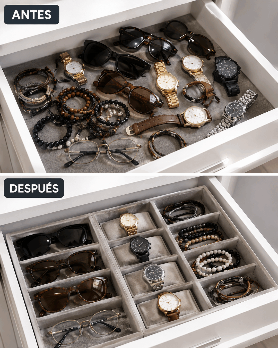 El método práctico para ordenar accesorios como gafas, relojes y pulseras en poco espacio