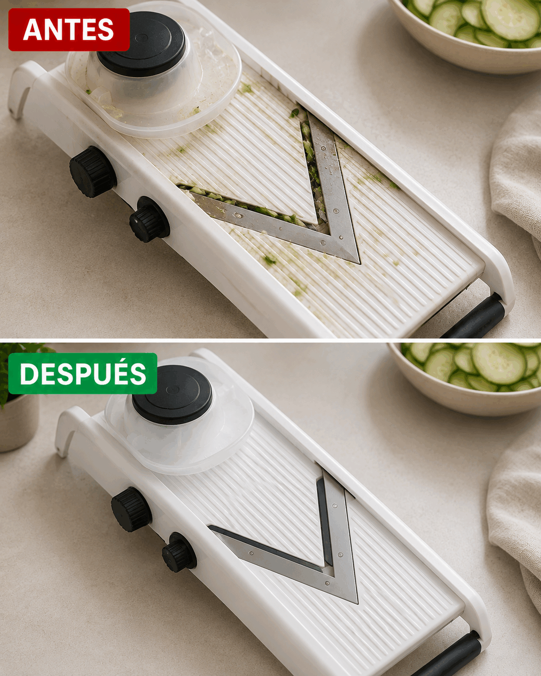 Cómo limpiar una mandolina de cocina de forma segura cuando quedan alimentos atrapados junto a la cuchilla