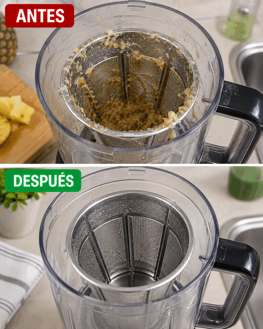 Cómo limpiar una licuadora después de preparar frutas fibrosas sin dejar restos alrededor del filtro