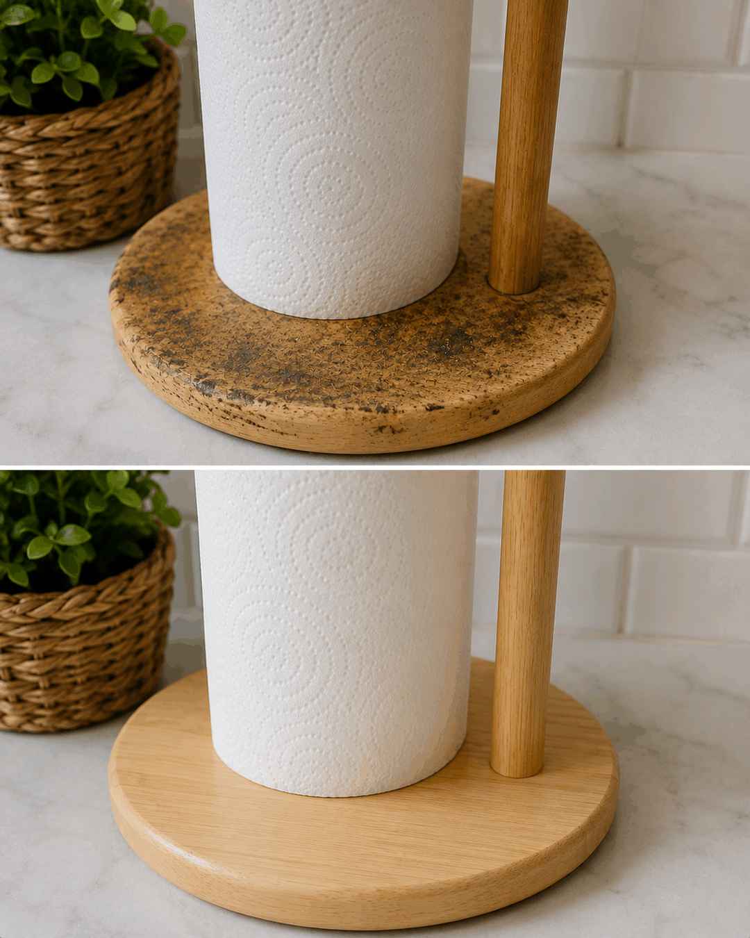 ¿Tienes un portarrollos de cocina de madera? La base puede absorber más suciedad de la que parece