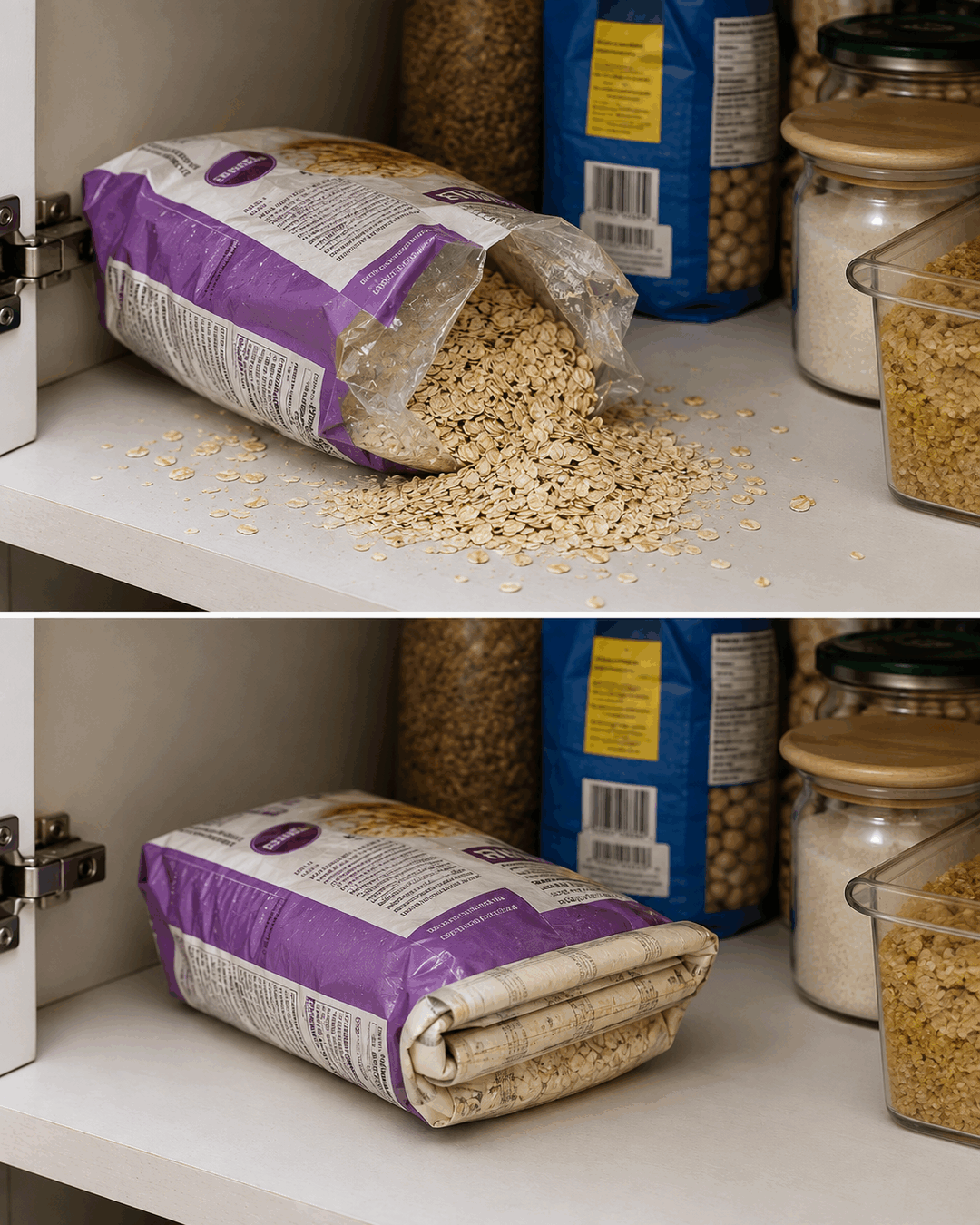 Cómo evitar que una bolsa abierta de alimentos se derrame dentro del armario sin comprar ningún cierre