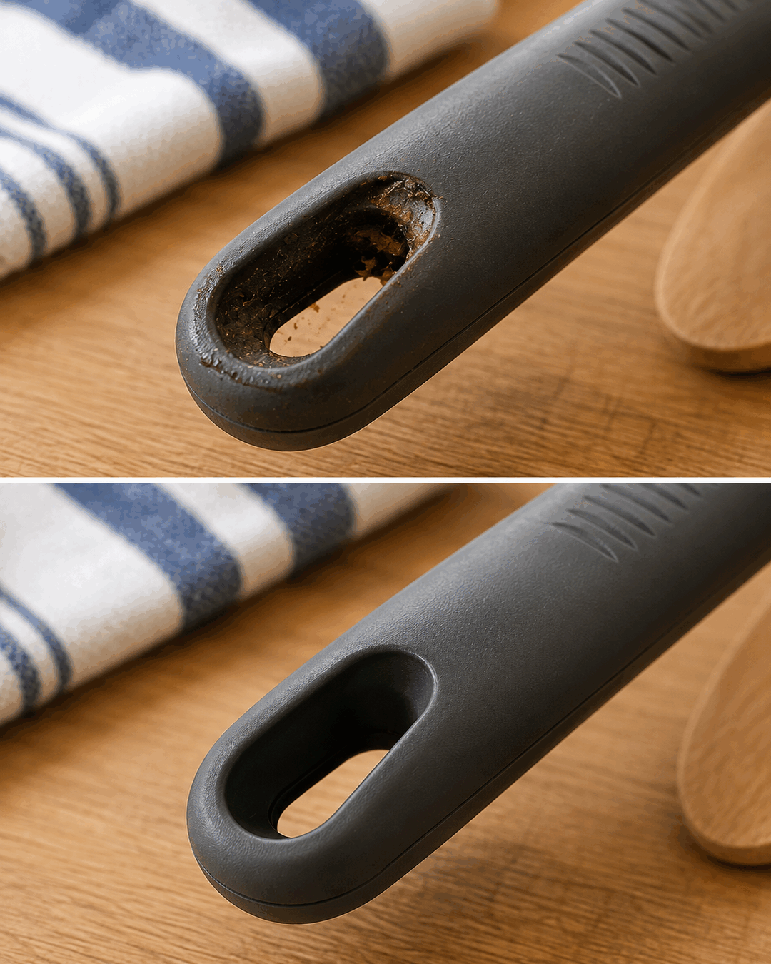 Mira dentro del mango hueco de algunos utensilios de cocina antes de guardarlos