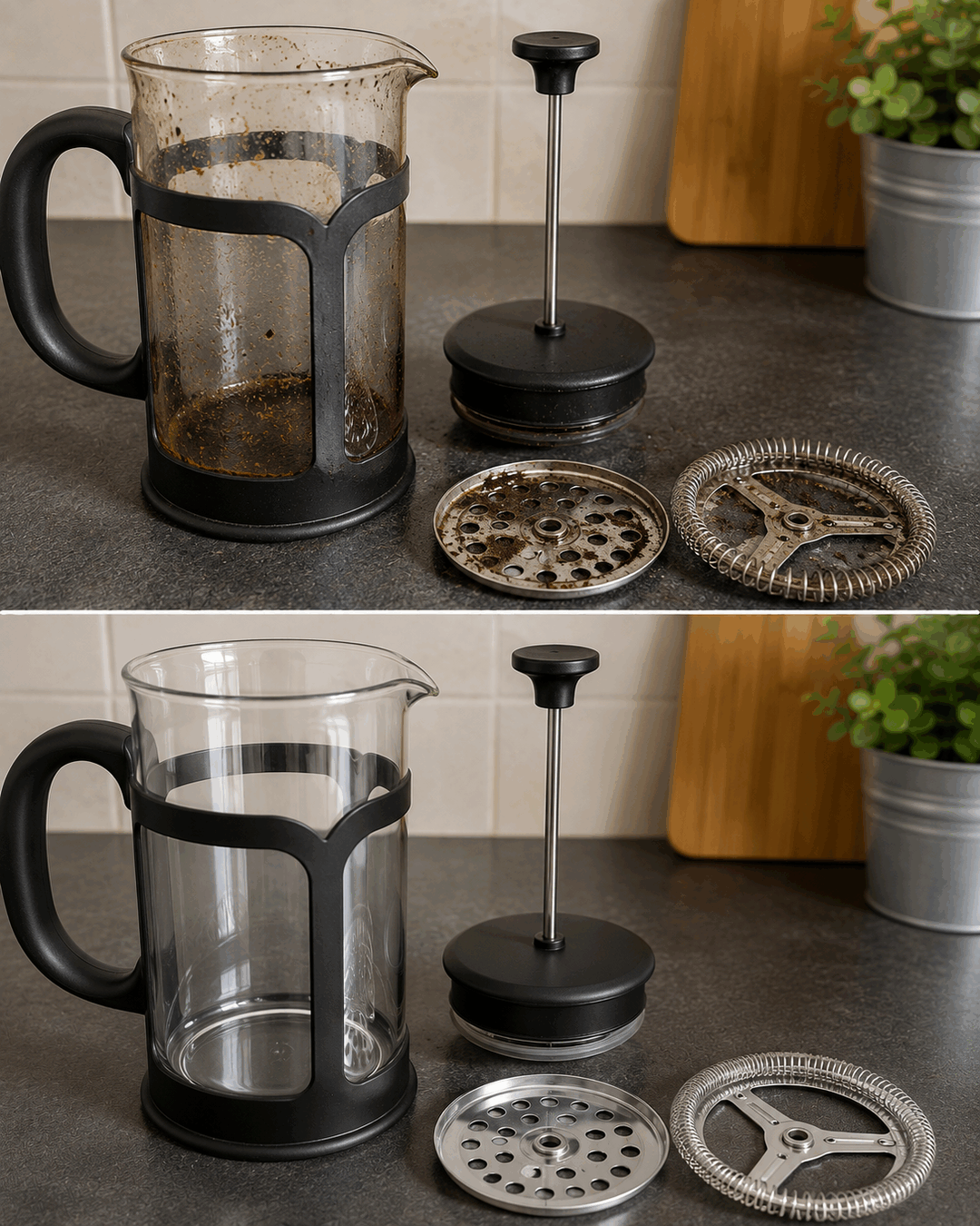 El método para limpiar una cafetera de émbolo cuando quedan posos atrapados entre sus piezas