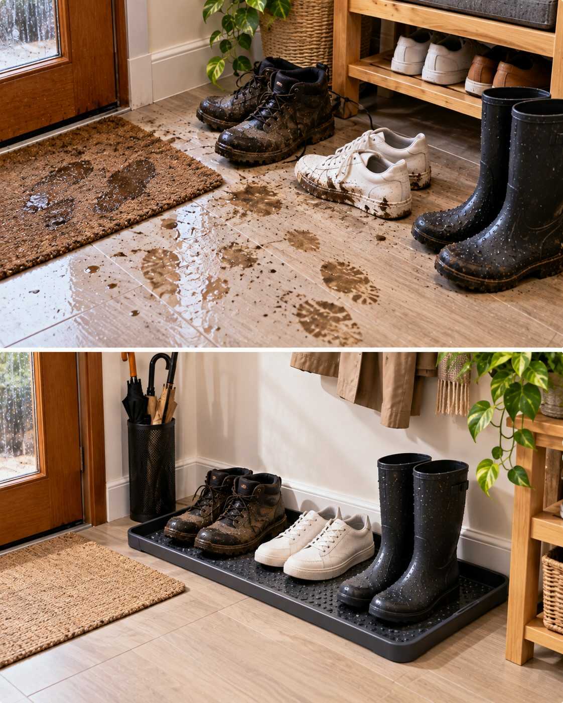 ¿Los zapatos mojados ensucian toda la entrada? Prepara este pequeño rincón antes de que empiecen los días de lluvia