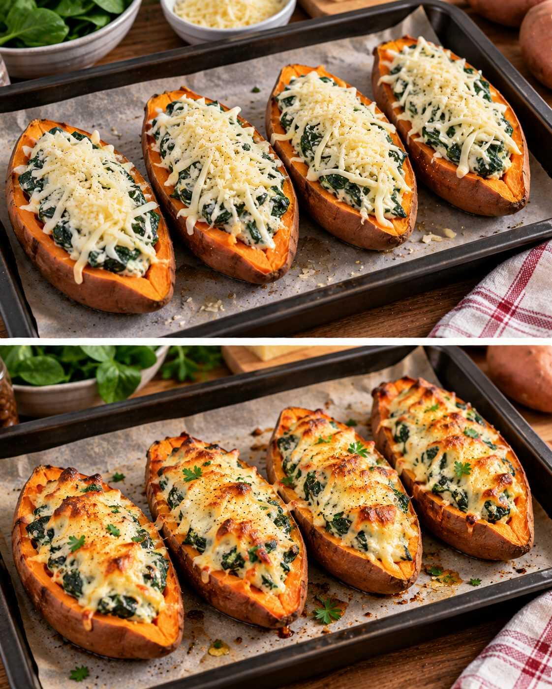 Boniato relleno de espinacas y queso: una cena de otoño fácil que se sirve directamente en su propia piel