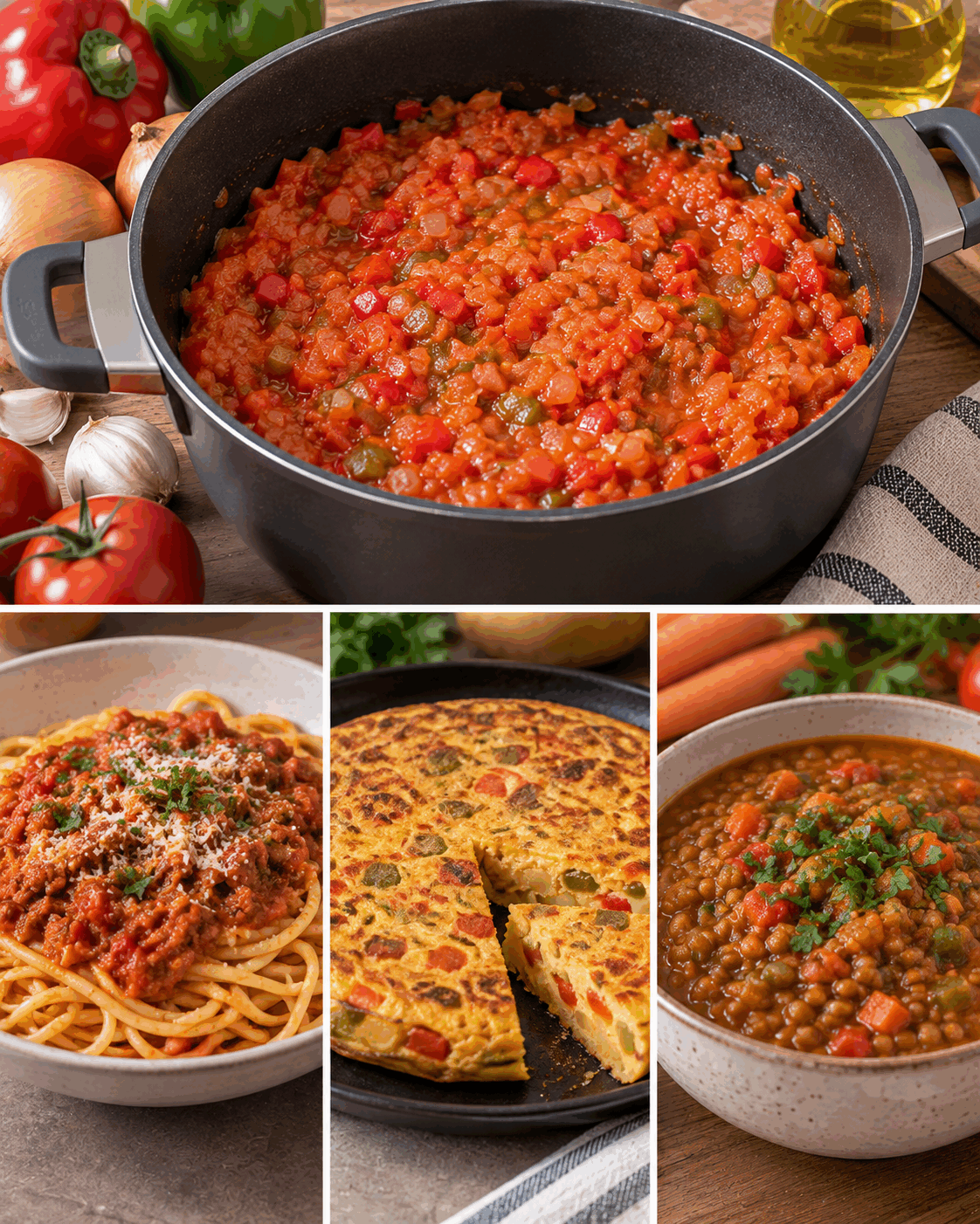 ¿Quieres cocinar una sola vez y resolver varias comidas? Un sofrito grande puede convertirse en tres platos completamente diferentes
